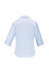 A light blue women's button-up shirt with 3/4 sleeves and a collar. The back view features a sleek design and a logo.