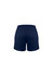 Men's sports shorts in navy blue, featuring a smooth fabric and an unidentified logo on the side.