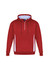 A unisex hoodie in burgundy with white side panels and a front zipper. It features a hood and a branded logo.