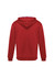 A red hoodie with a hood, featuring a plain back design and ribbed cuffs. It includes a logo.