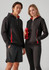A unisex black hoodie with red accents, featuring a logo, worn by a male and female model.