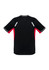 A short-sleeve tee in black with red accents and reflective details, featuring a logo on the design.