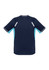 A navy blue short sleeve tee with light blue accents and reflective detailing, featuring a logo.
