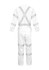 A white overall with reflective stripes and an adjustable X-back design, featuring long sleeves and pockets.