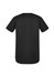 A black men's t-shirt featuring short sleeves and a rounded hem. It has a brand logo on the back.