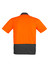 A short sleeve polo shirt in bright orange and dark grey, featuring a collar and a logo.