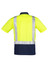 A bright yellow and navy men's polo shirt with reflective shoulder tape for visibility. Features a logo on the front.