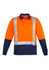 A long sleeve polo shirt featuring orange and navy colours with reflective tape accents and a chest pocket.