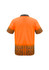 A short sleeve polo in bright orange with a geometric pattern on the lower half and a collar. Features a logo.