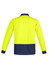 A long sleeve polo shirt in fluorescent yellow with a navy blue lower section and a collar. It features a logo.