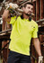 A bright yellow short sleeve polo shirt with navy accents and a pocket, featuring a logo.