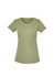 A light olive green women's t-shirt with short sleeves and a rounded neckline. It features a logo on the front.