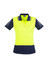A women's short sleeve polo shirt in bright yellow with navy blue accents and a logo on the chest.