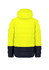 A unisex hooded puffer jacket in bright yellow and navy, featuring a logo on the sleeve.