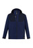 A unisex navy waterproof jacket featuring a hood, zip pockets, and a logo on the front.