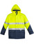 A hi-vis storm jacket in fluorescent yellow and navy blue, featuring reflective stripes and a hood. It has a logo on it.