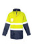 A men's hi-vis ultralite waterproof jacket featuring fluorescent yellow and navy blue colours with reflective stripes and a pocket.