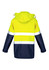 A waterproof jacket in bright yellow and navy, featuring reflective strips and a hood, with a logo displayed.