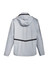 A grey unisex reflective waterproof jacket with a hood and black detailing on the back. Features a logo.