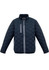 A unisex hexagonal puffer jacket in dark navy, featuring a zipped pocket and a logo on the front.
