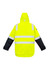 A bright yellow and black waterproof jacket with reflective strips, featuring a hood and long sleeves.