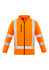 An orange softshell jacket with reflective stripes and a zippered pocket, featuring a logo on the upper left.