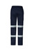 Navy cargo pants featuring reflective stripes and multiple pockets, with a branding logo on the side.