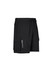 Black sports shorts featuring cargo pockets and an elastic waistband, with a logo on the side.