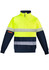 A fluorescent yellow and navy pullover with reflective hoop tape, featuring a quarter zip design and branding.