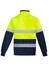 Hi-vis pullover in bright yellow and navy, featuring reflective hoop tape for visibility. Includes a collar and long sleeves.