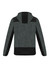 A grey and black unisex reinforced knit hoodie with a hood, featuring contrasting panels and a logo.