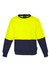 A bright yellow and navy blue unisex hi-vis crew sweatshirt with a logo on the front. Suitable for workwear.