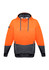 A unisex hoodie in vibrant orange with textured jacquard and black accents, featuring a logo on the sleeve.