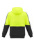 A unisex hi-vis full zip hoodie in bright yellow and black, featuring a hood and a logo.
