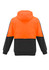 A unisex hi-vis full zip hoodie in orange and black, featuring a hood and a logo.