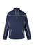 A dark navy mid-layer jacket with a half-zipper and contrasting white stitching, featuring two front pockets and a logo.