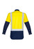 A long sleeve work shirt featuring a bright yellow body and navy blue sleeves, with reflective shoulder tape.
