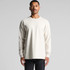 A long-sleeved, cream-coloured t-shirt worn by a man, with a logo visible on the garment.