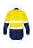 A long sleeve shirt featuring a yellow upper section and navy lower section, with reflective tape stripes and a logo.