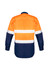 A long sleeve work shirt in orange and navy blue with hi-vis reflective tape and a logo on the back.