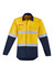 A mens hi-vis shirt featuring orange flames, hoop tape, and a spliced design in yellow and navy. It includes two front pockets and has a logo.