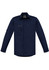 A navy long-sleeve work shirt with a button-up front and a chest pocket. Features a logo on the label.