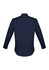 A navy blue long sleeve shirt with a button-up design and branding details on the sleeve.