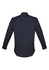 A navy blue men's long sleeve button-up shirt featuring a back yoke and a logo.