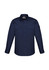 A navy long sleeve button-up shirt featuring two chest pockets and a logo on the upper side.