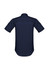 A short sleeve, navy blue men's shirt featuring a classic collar and a back yoke with a logo.