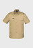 A tan short sleeve shirt featuring two chest pockets and a logo on the upper left side.