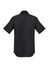 A black short sleeve button-up shirt with a logo on the back. Suitable for outdoor wear.