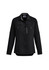 A women's long sleeve button-up shirt in black featuring two chest pockets and a zippered pocket. It has a logo on the front.