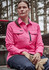 A long sleeve women's button-up shirt in bright pink with two front pockets and a zippered chest pocket.